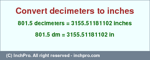 Result converting 801.5 decimeters to inches = 3155.51181102 inches