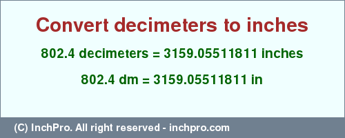 Result converting 802.4 decimeters to inches = 3159.05511811 inches