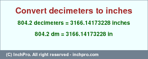 Result converting 804.2 decimeters to inches = 3166.14173228 inches
