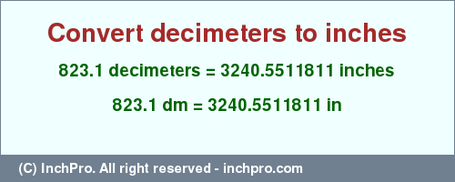 Result converting 823.1 decimeters to inches = 3240.5511811 inches