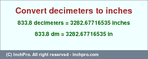 Result converting 833.8 decimeters to inches = 3282.67716535 inches