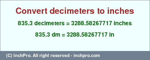 Result converting 835.3 decimeters to inches = 3288.58267717 inches