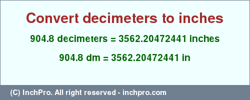 Result converting 904.8 decimeters to inches = 3562.20472441 inches