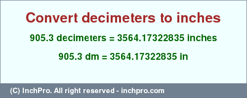 Result converting 905.3 decimeters to inches = 3564.17322835 inches