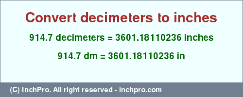 Result converting 914.7 decimeters to inches = 3601.18110236 inches