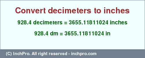 Result converting 928.4 decimeters to inches = 3655.11811024 inches