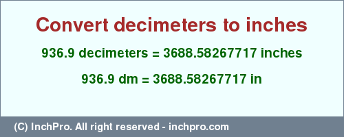 Result converting 936.9 decimeters to inches = 3688.58267717 inches