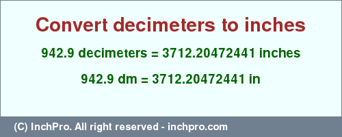 Result converting 942.9 decimeters to inches = 3712.20472441 inches