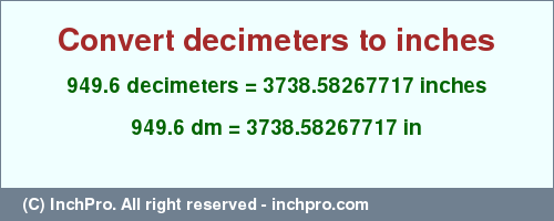 Result converting 949.6 decimeters to inches = 3738.58267717 inches
