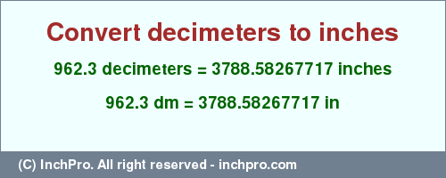 Result converting 962.3 decimeters to inches = 3788.58267717 inches