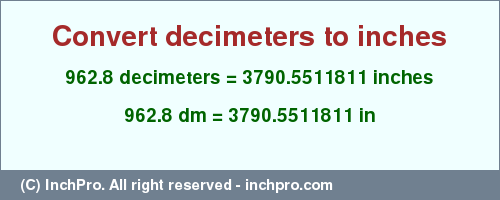 Result converting 962.8 decimeters to inches = 3790.5511811 inches