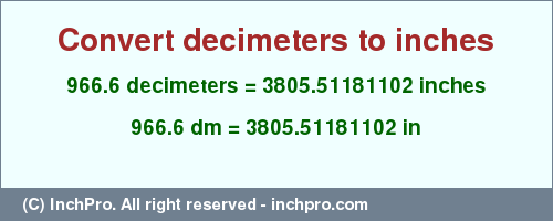 Result converting 966.6 decimeters to inches = 3805.51181102 inches