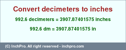 Result converting 992.6 decimeters to inches = 3907.87401575 inches
