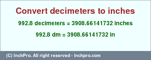 Result converting 992.8 decimeters to inches = 3908.66141732 inches