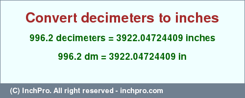Result converting 996.2 decimeters to inches = 3922.04724409 inches