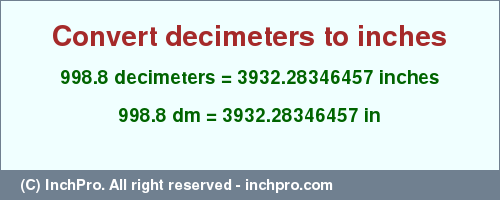 Result converting 998.8 decimeters to inches = 3932.28346457 inches
