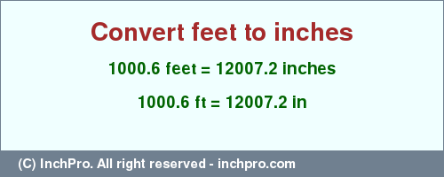 Result converting 1000.6 feet to inches = 12007.2 inches