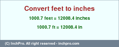 Result converting 1000.7 feet to inches = 12008.4 inches