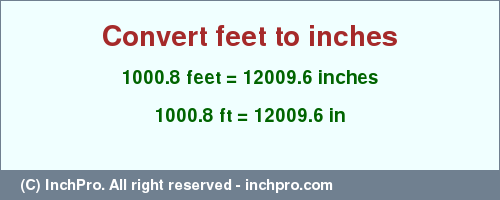 Result converting 1000.8 feet to inches = 12009.6 inches