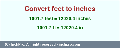 Result converting 1001.7 feet to inches = 12020.4 inches