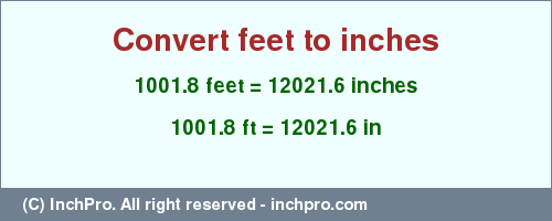 Result converting 1001.8 feet to inches = 12021.6 inches