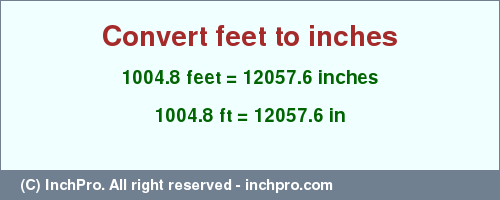 Result converting 1004.8 feet to inches = 12057.6 inches