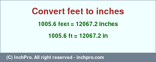 Result converting 1005.6 feet to inches = 12067.2 inches