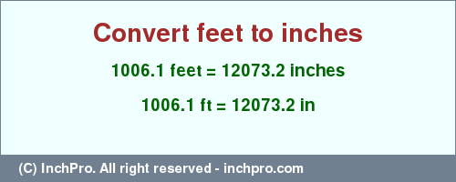Result converting 1006.1 feet to inches = 12073.2 inches