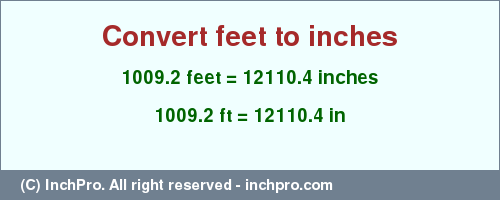 Result converting 1009.2 feet to inches = 12110.4 inches