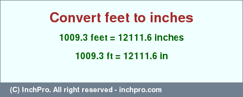 Result converting 1009.3 feet to inches = 12111.6 inches