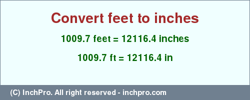 Result converting 1009.7 feet to inches = 12116.4 inches