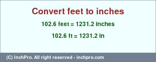 Result converting 102.6 feet to inches = 1231.2 inches