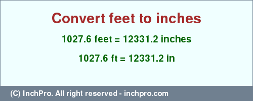 Result converting 1027.6 feet to inches = 12331.2 inches