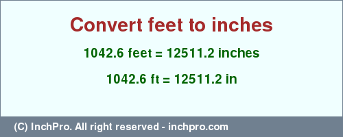 Result converting 1042.6 feet to inches = 12511.2 inches