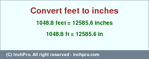 Result converting 1048.8 feet to inches = 12585.6 inches