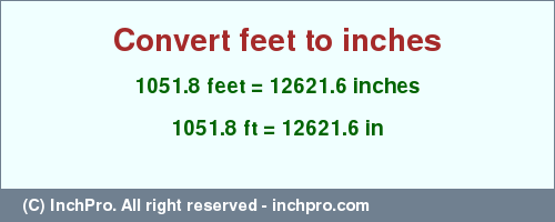 Result converting 1051.8 feet to inches = 12621.6 inches