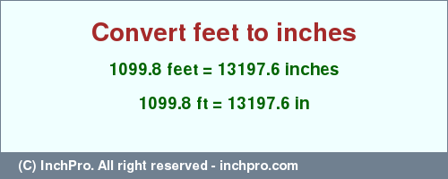 Result converting 1099.8 feet to inches = 13197.6 inches