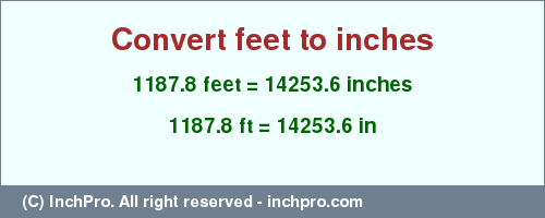 Result converting 1187.8 feet to inches = 14253.6 inches