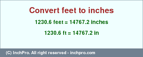 Result converting 1230.6 feet to inches = 14767.2 inches