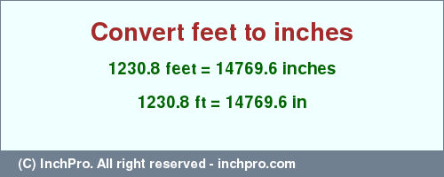 Result converting 1230.8 feet to inches = 14769.6 inches