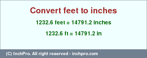 Result converting 1232.6 feet to inches = 14791.2 inches