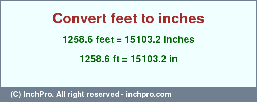 Result converting 1258.6 feet to inches = 15103.2 inches