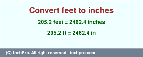 Result converting 205.2 feet to inches = 2462.4 inches