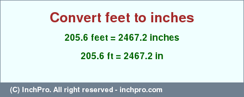 Result converting 205.6 feet to inches = 2467.2 inches