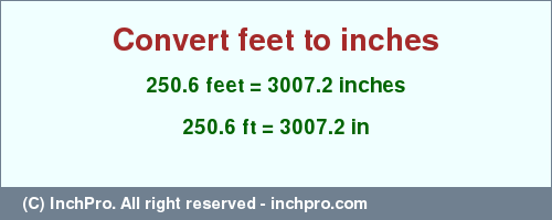 Result converting 250.6 feet to inches = 3007.2 inches