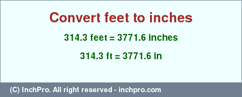 Result converting 314.3 feet to inches = 3771.6 inches