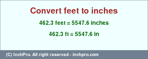 Result converting 462.3 feet to inches = 5547.6 inches