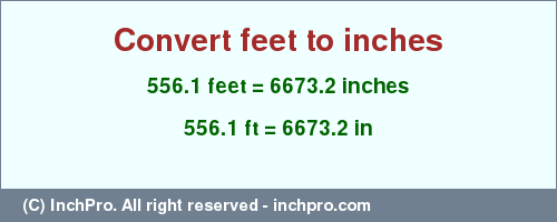 Result converting 556.1 feet to inches = 6673.2 inches