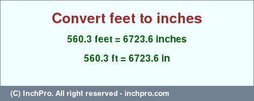 Result converting 560.3 feet to inches = 6723.6 inches
