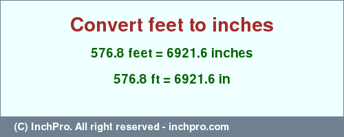 Result converting 576.8 feet to inches = 6921.6 inches